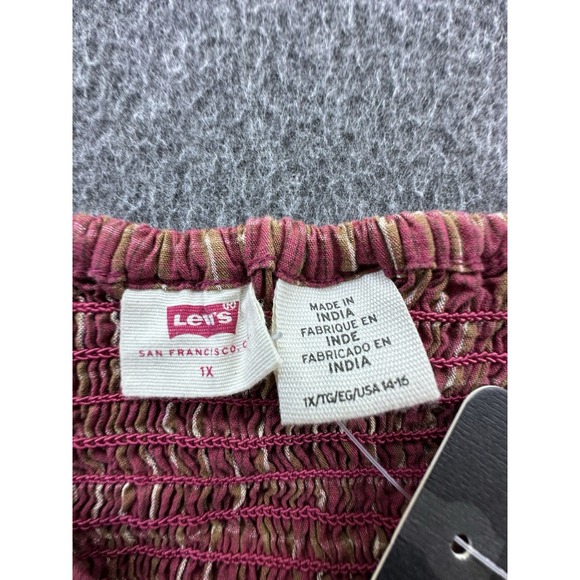 Levis Shirt Womens 1X Dark Red Plaid Shirred Cropped‎ Front Tie Smocked Top New - Picture 7 of 16